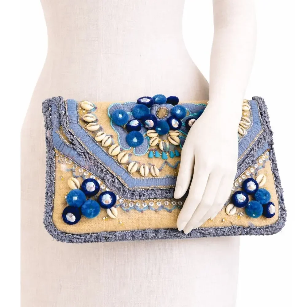 Roller Rabbit Kaela Beaded Shell Embroidered Clutch Jute Boho Bag